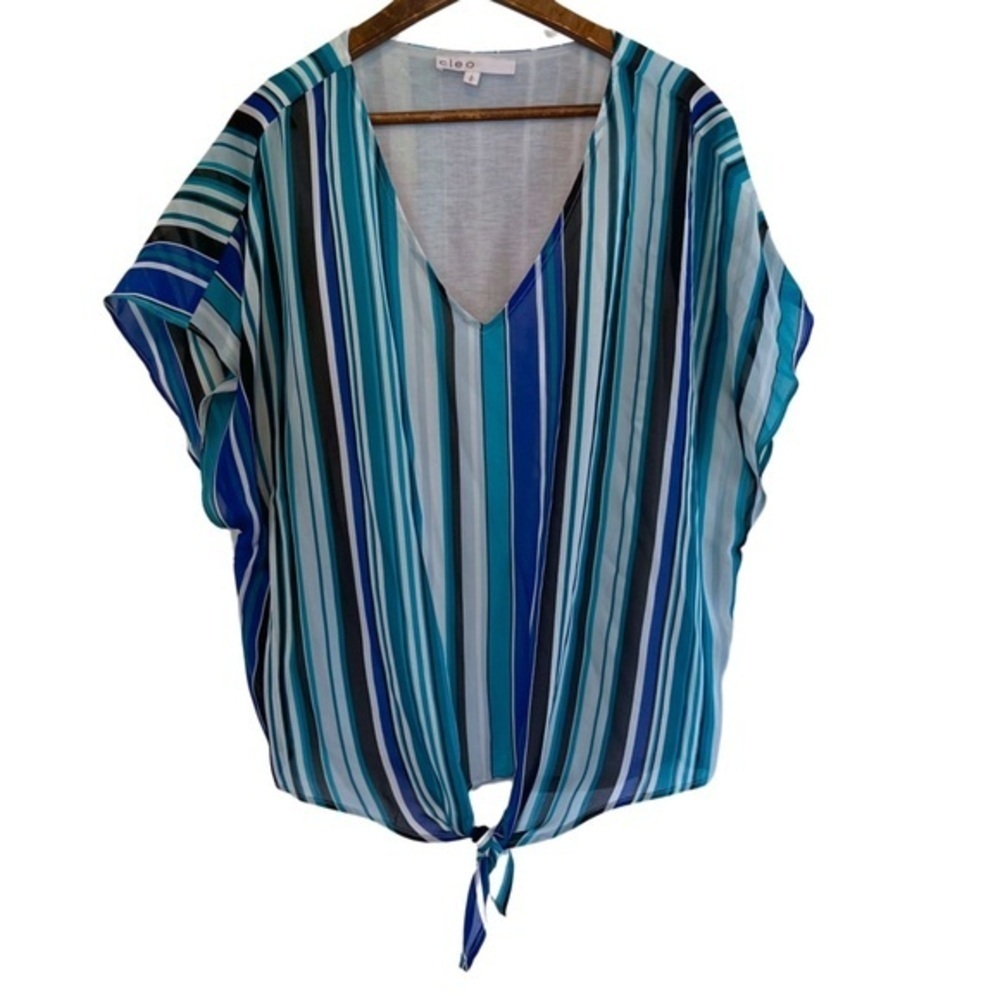 Cleo Women’s Small Blue Striped Summer Blouse Tee - Picture 3 of 8